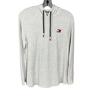 Tommy Hilfiger Sport Athletic Hoodie Grey Drawstring Hood Red White Blue Logo M
